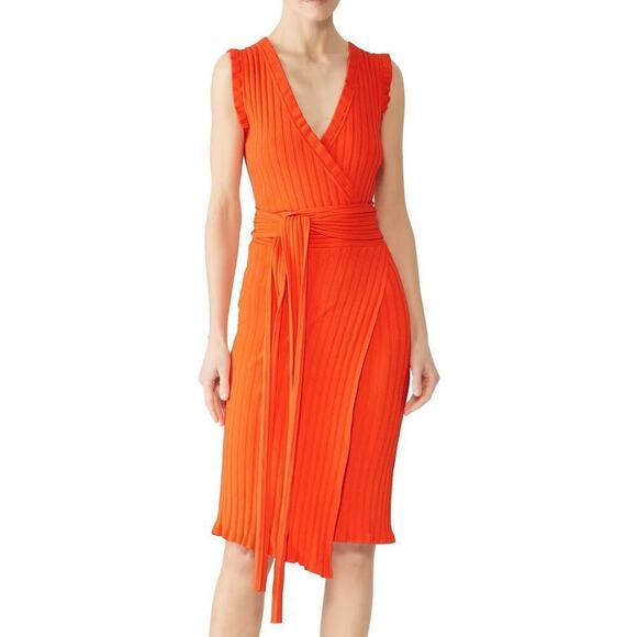 Milly Persimmon Dress Ribbed Sleeveless V-Neck Asymmetrical Wrap Orange Small - Picture 1 of 10